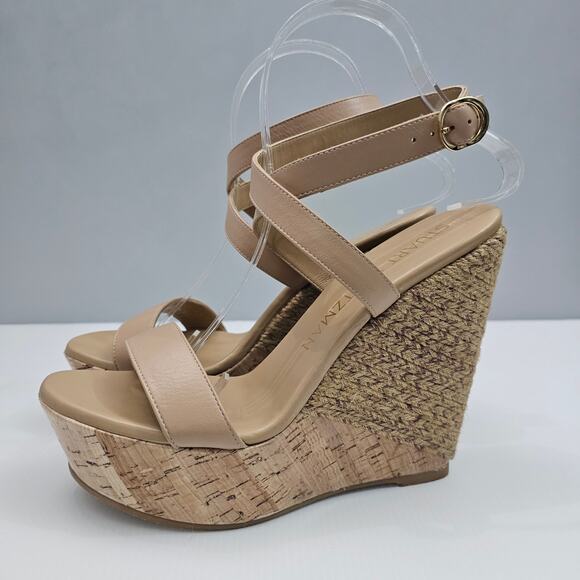 NEW Stuart Weitzman 5050 Wedge Womens 9 Tan Leather Raffia Cork Platform Heel - Picture 13 of 13